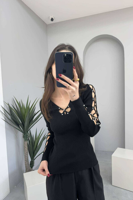 PEARL DETAILS ONE COLOR WOMEN SWEATER BLACK/ E ZEZE - 3