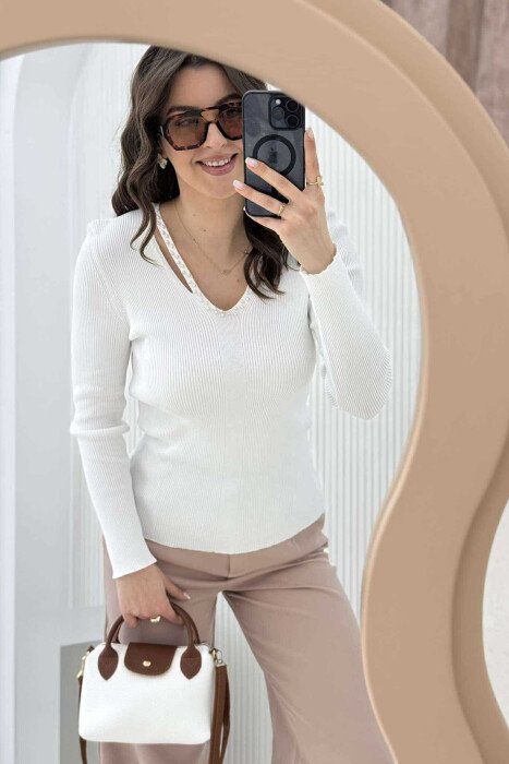 PEARL DETAILS ONE COLOR WOMEN SWEATER WHITE-E BARDHE - 3