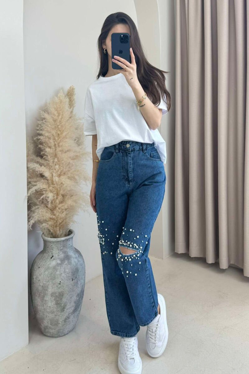 PEARL DETAILS WIDE LEG WOMEN JEANS BLUE/BLU - 2