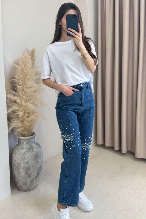 PEARL DETAILS WIDE LEG WOMEN JEANS BLUE/BLU - 4