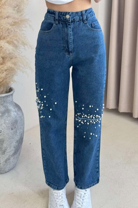 PEARL DETAILS WIDE LEG WOMEN JEANS BLUE/BLU - 1