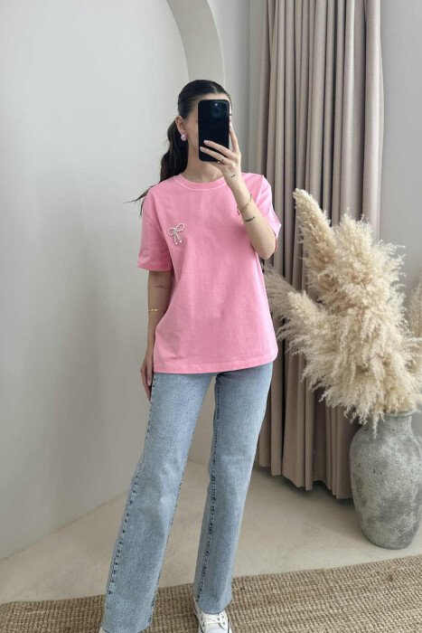 PEARL RIBBON DETAIL SIMPLE WOMEN T-SHIRT PINK/ROZE - KLAUDIO FASHION