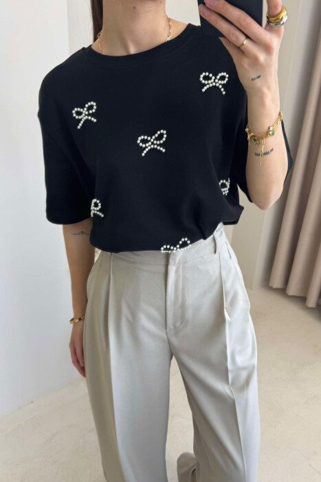 PEARL RIBBON DETAILS SIMPLE WOMEN T-SHIRT BLACK/ E ZEZE - 3