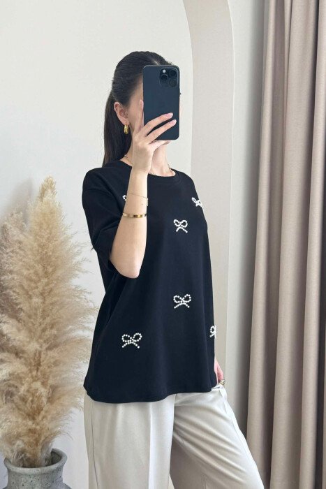 PEARL RIBBON DETAILS SIMPLE WOMEN T-SHIRT BLACK/ E ZEZE - 4