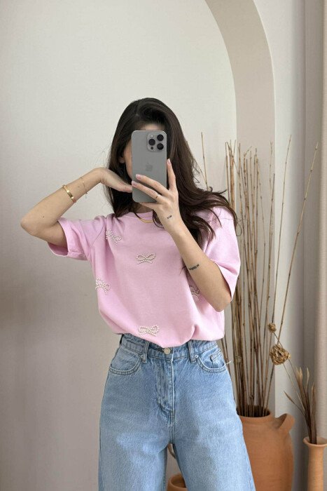 PEARL RIBBON DETAILS SIMPLE WOMEN T-SHIRT PINK/ROZE - 2