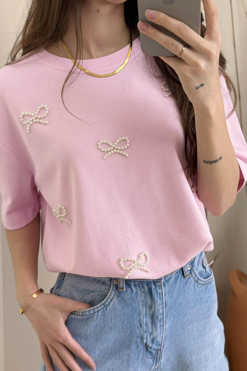 PEARL RIBBON DETAILS SIMPLE WOMEN T-SHIRT PINK/ROZE - 3