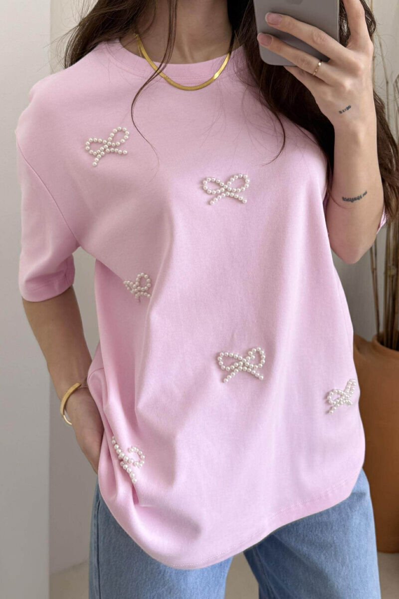 PEARL RIBBON DETAILS SIMPLE WOMEN T-SHIRT PINK/ROZE - 4