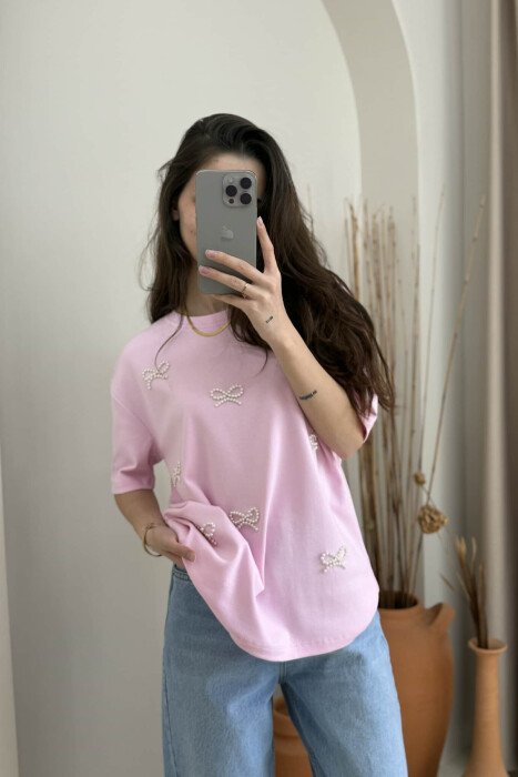 PEARL RIBBON DETAILS SIMPLE WOMEN T-SHIRT PINK/ROZE - 5
