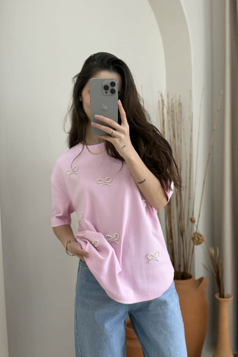 PEARL RIBBON DETAILS SIMPLE WOMEN T-SHIRT PINK/ROZE - 5
