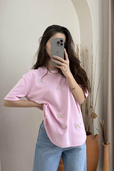 PEARL RIBBON DETAILS SIMPLE WOMEN T-SHIRT PINK/ROZE - 6