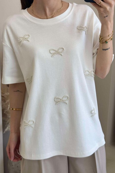 PEARL RIBBON DETAILS SIMPLE WOMEN T-SHIRT WHITE-E BARDHE - 2