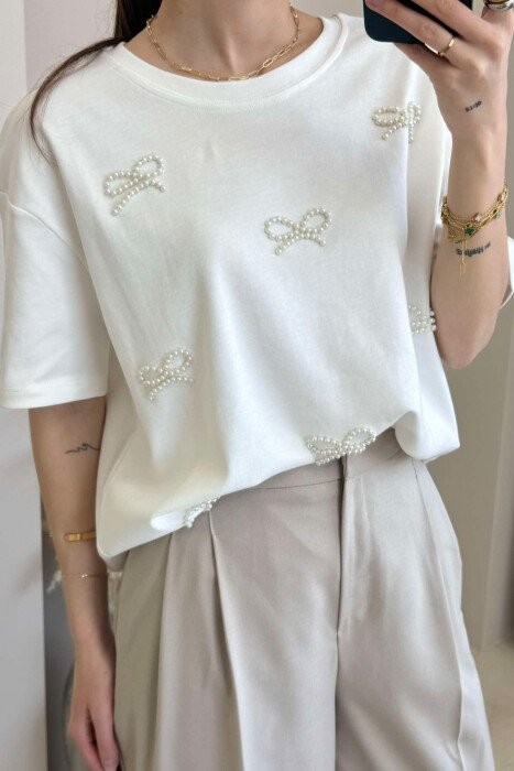 PEARL RIBBON DETAILS SIMPLE WOMEN T-SHIRT WHITE-E BARDHE - 4