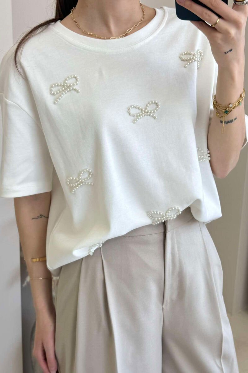 PEARL RIBBON DETAILS SIMPLE WOMEN T-SHIRT WHITE-E BARDHE - 4