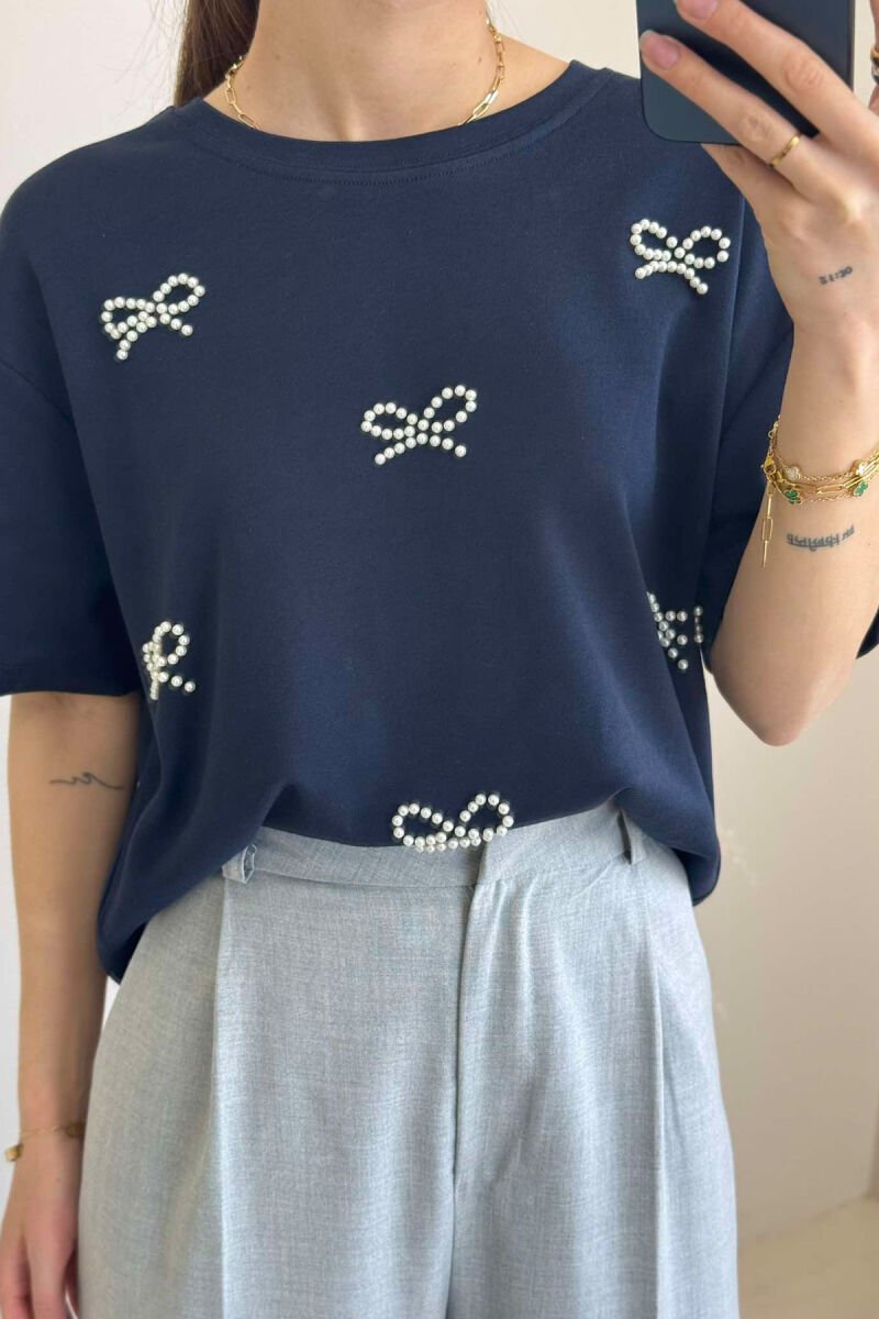 PEARL RIBBON DETAILS SIMPLE WOMEN T-SHIRT DARK BLUE/BEE - 3