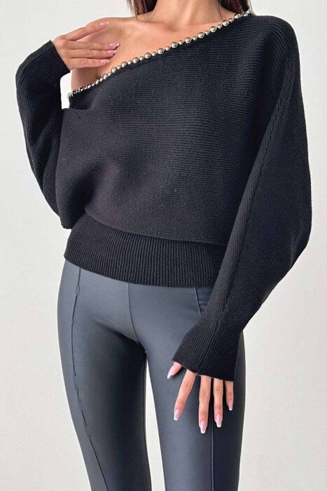 PEARLS NECK WOMAN SWEATER BLACK/ E ZEZE - KLAUDIO FASHION