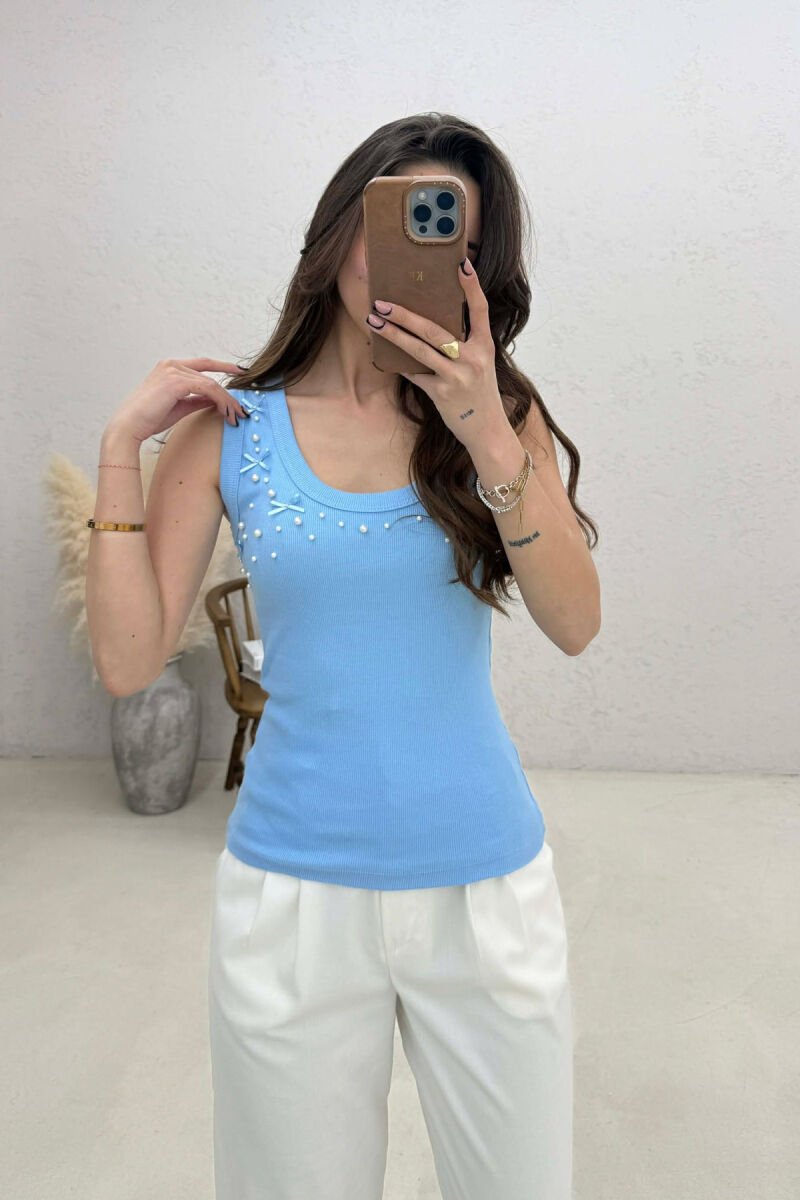 PEARLS RIBBON DETAILS WOMAN TANK TOP LIGHTBLUE/BZ - 1