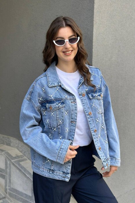PEARLS STONES DENIM WOMAN JACKET LIGHTBLUE/BZ - 1
