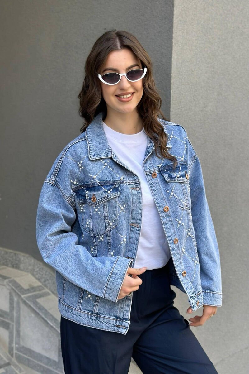 PEARLS STONES DENIM WOMAN JACKET LIGHTBLUE/BZ - 1