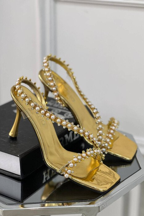 PEARLS STONES WOMAN HEELS GOLDEN ROD/GOLD - KLAUDIO FASHION