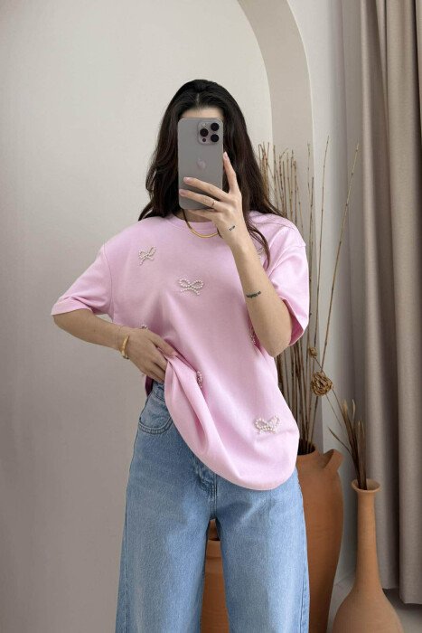 PEARL RIBBON DETAILS SIMPLE WOMEN T-SHIRT PINK/ROZE 