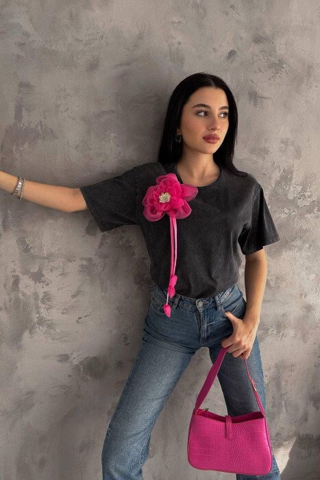 PINK FLOWER WOMAN T-SHIRT GREY/GRI 