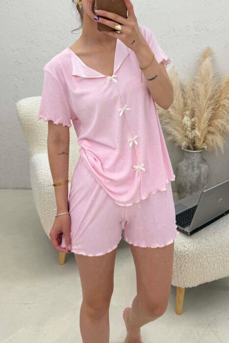 PIZHAME ME DIZJAN ME LULE KEMISHE + TUTA TE SHKURTRA PER FEMRA NE NGJYRE ROZE - 2