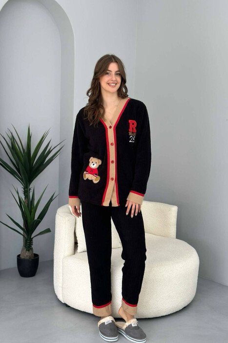 BEAR LOGO WARM WOMEN PYJAMAS BLACK-BROWN/ZEKA - 1