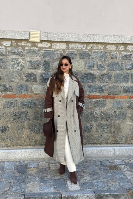 PLAID DESIGN BELT DETAIL WOMAN TRENCH COAT BROWN/KAFE 