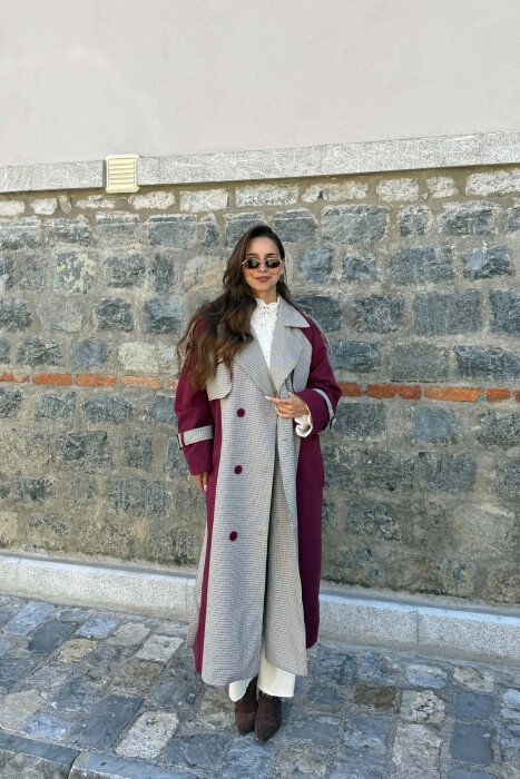 PLAID DESIGN BELT DETAIL WOMAN TRENCH COAT BURGUNDY/VISHNJE - 2