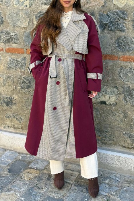 PLAID DESIGN BELT DETAIL WOMAN TRENCH COAT BURGUNDY/VISHNJE - 3