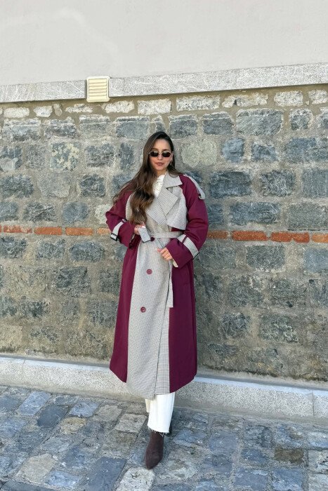 PLAID DESIGN BELT DETAIL WOMAN TRENCH COAT BURGUNDY/VISHNJE - 4