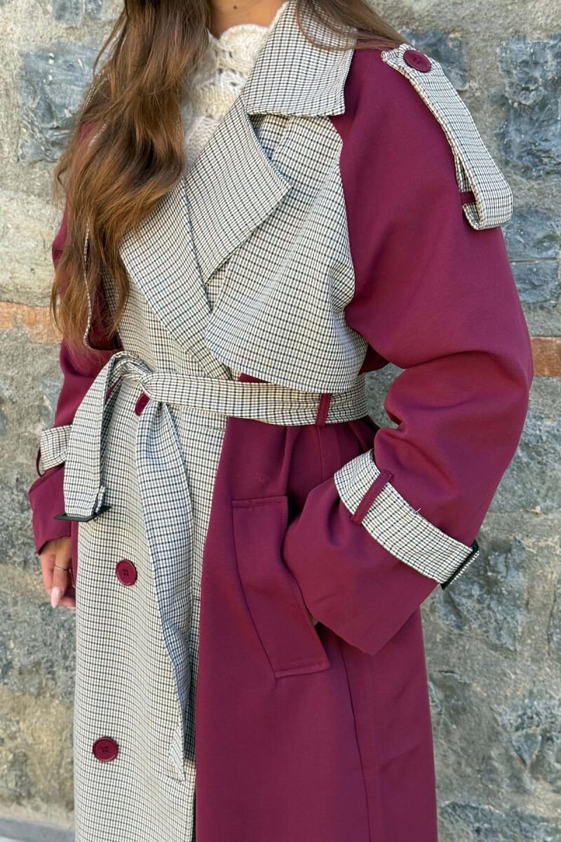 PLAID DESIGN BELT DETAIL WOMAN TRENCH COAT BURGUNDY/VISHNJE - 6