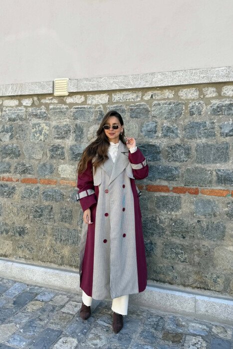 PLAID DESIGN BELT DETAIL WOMAN TRENCH COAT BURGUNDY/VISHNJE - 7
