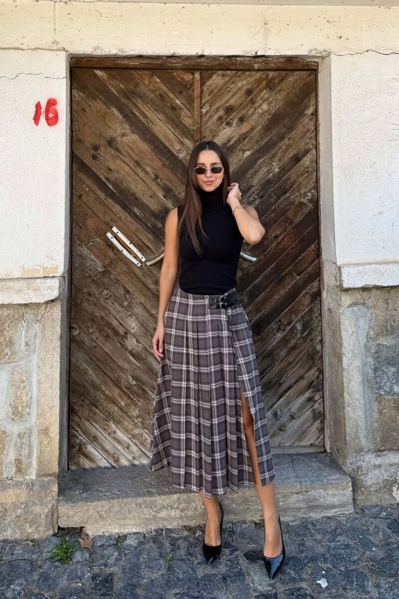 PLAID DESIGN CUT OPEN WOMAN SKIRT BROWN/KAFE - 1