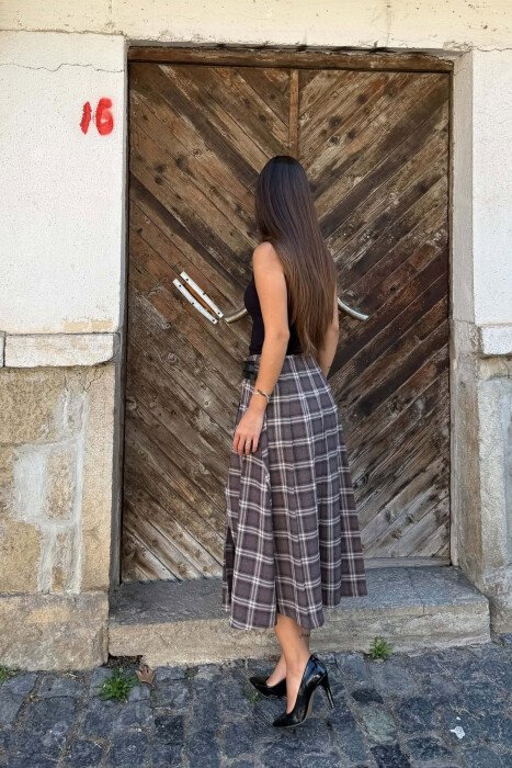PLAID DESIGN CUT OPEN WOMAN SKIRT BROWN/KAFE - 3