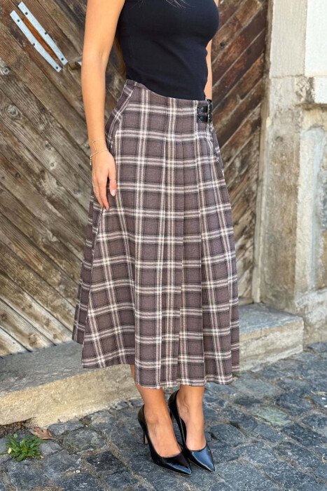PLAID DESIGN CUT OPEN WOMAN SKIRT BROWN/KAFE - 4