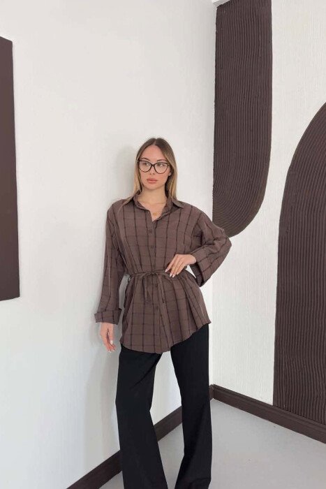 PLAID DESIGN LACING WAIST WOMAN SHIRT BROWN/KAFE - KLAUDIO FASHION