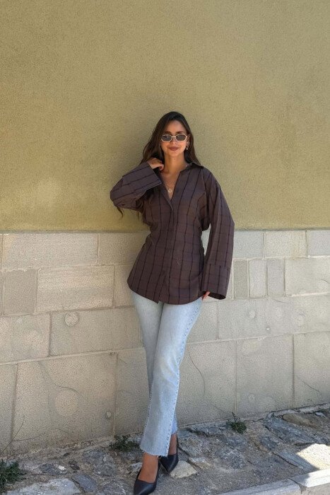 PLAID DESIGN LACING WAIST WOMAN SHIRT BROWN/KAFE - 1
