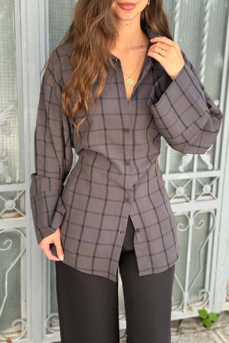 PLAID DESIGN LACING WAIST WOMAN SHIRT DARK GREY/GEE - 3