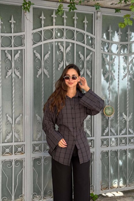 PLAID DESIGN LACING WAIST WOMAN SHIRT DARK GREY/GEE - 4