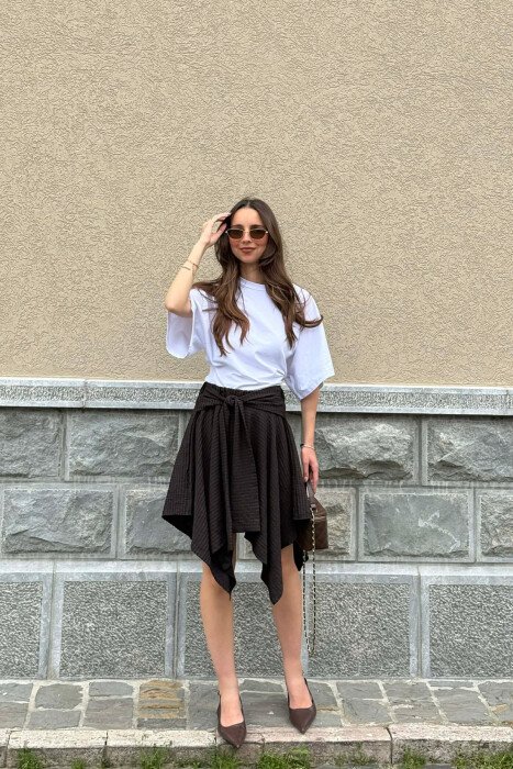 PLAID DESIGN LACING WAIST WOMAN SKIRT BLACK-BROWN/ZEKA - KLAUDIO FASHION