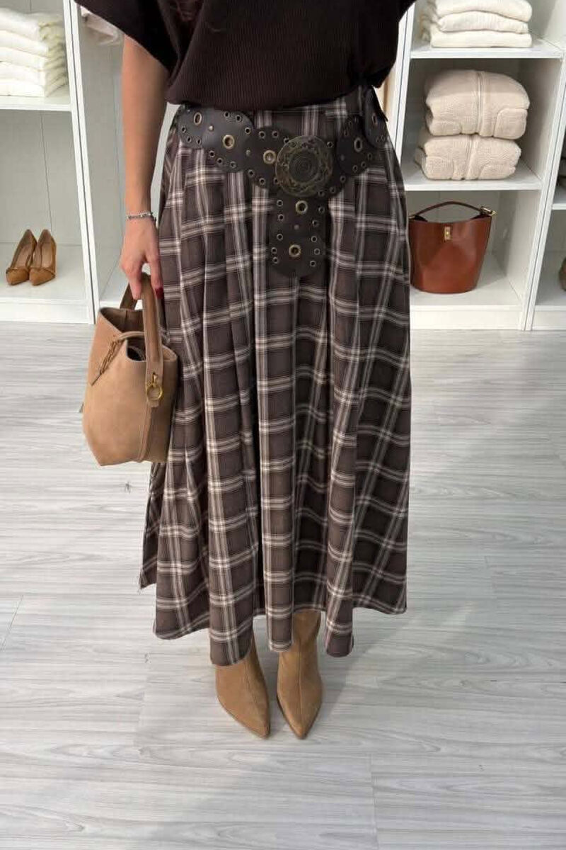PLAID DESIGN LONG WOMAN SKIRT BROWN/KAFE - 4