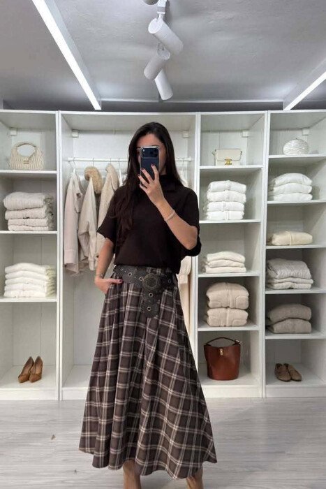 PLAID DESIGN LONG WOMAN SKIRT BROWN/KAFE - 