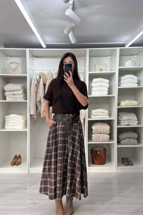PLAID DESIGN LONG WOMAN SKIRT BROWN/KAFE - 5