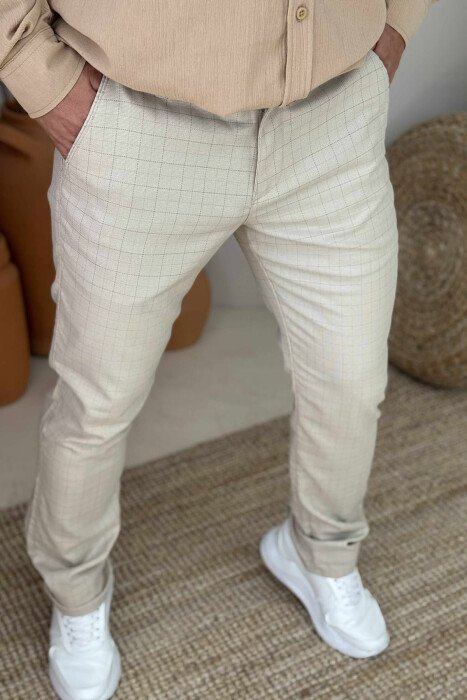 PLAID DESIGN ONE COLOR MEN PANTS CREAM/KREM - 4