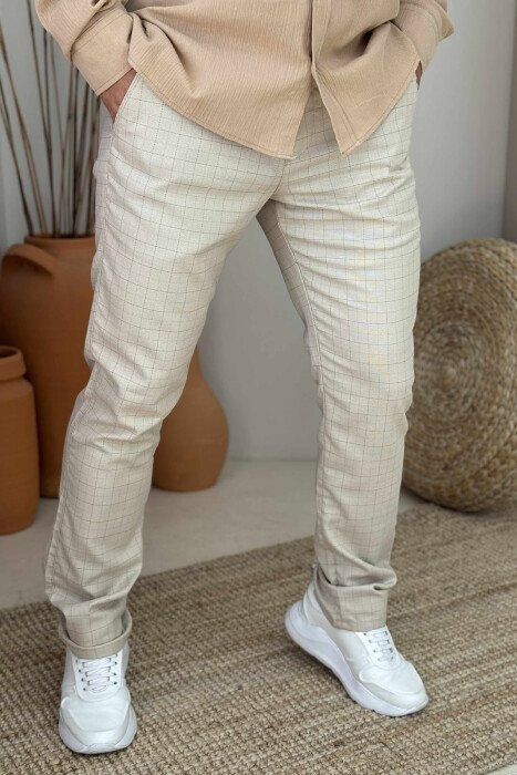 PLAID DESIGN ONE COLOR MEN PANTS CREAM/KREM - 5