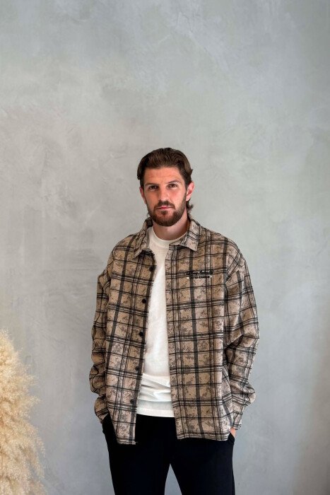 PLAID DESIGN SIMPLE MEN SHIRT BEIGE/BEZHE - KLAUDIO FASHION