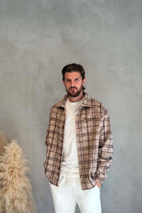 PLAID DESIGN SIMPLE MEN SHIRT LIGHT BEIGE/BZHZB - KLAUDIO FASHION
