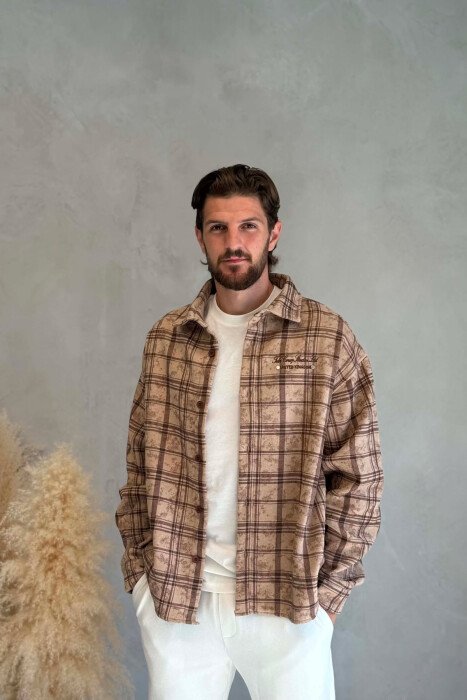 PLAID DESIGN SIMPLE MEN SHIRT LIGHT BROWN/KAZB - KLAUDIO FASHION