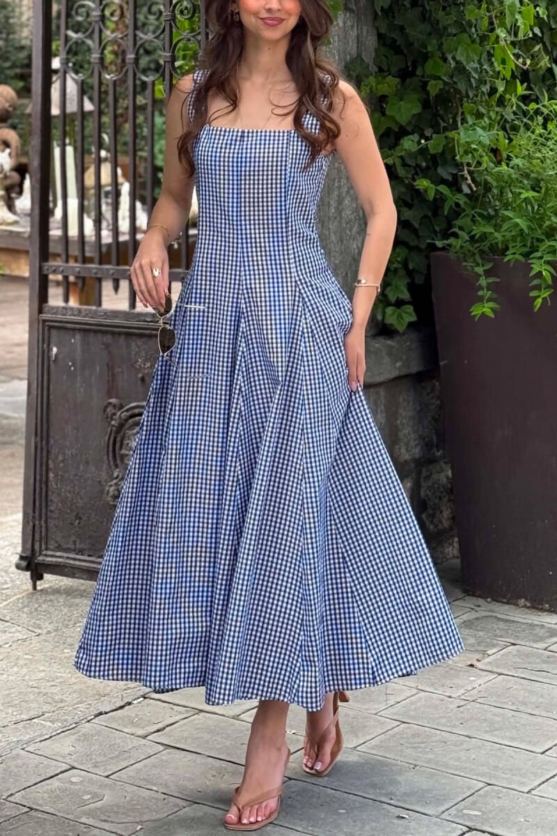 PLAID DESIGN SIMPLE WOMAN DRESS BLUE/BLU - 4